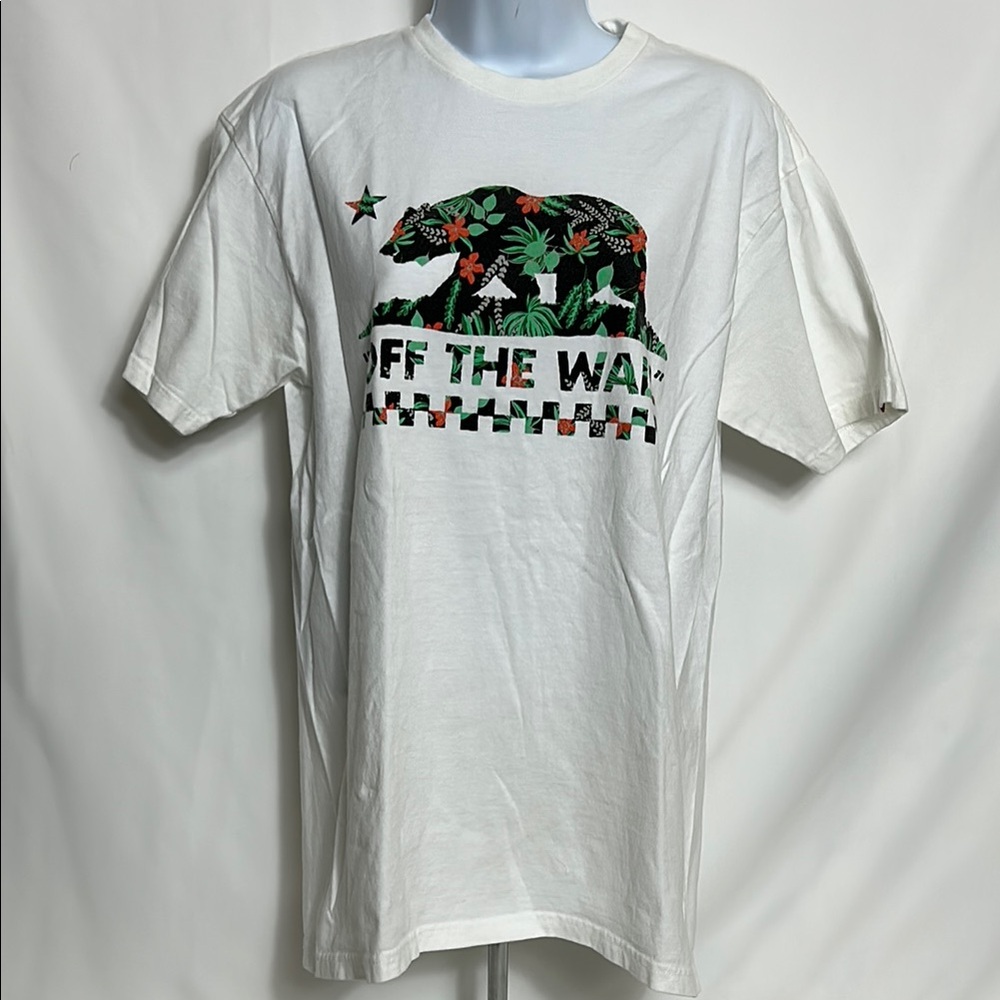 Vans Women’s Size Medium White T-Shirt Floral Bear Graphics Front Short Sleeves